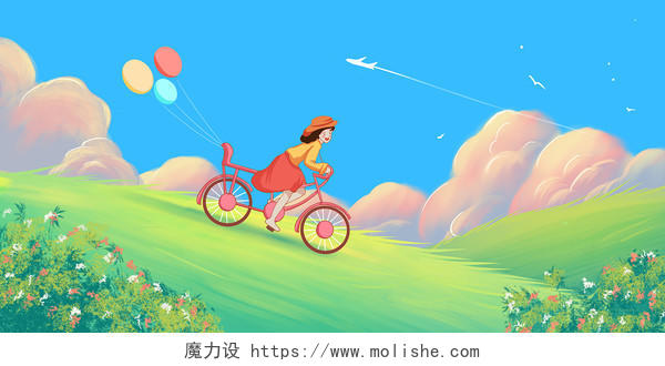 唯美立春蓝天白云草地下骑自行车的女孩插画背景春天立春春分